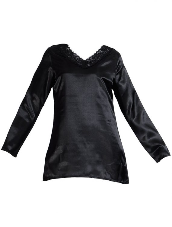 Lace Long Sleeve Satin Under Dress Slip Top Regular Length Black Shop ...