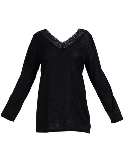Lace Long Sleeve Viscose Knit Under Dress Slip Top Regular Length Black