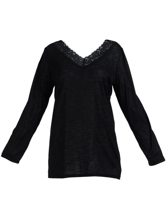 Lace Long Sleeve Viscose Knit Under Dress Slip Top Regular Length Black ...