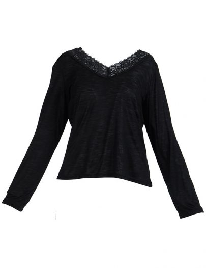 Lace Long Sleeve Viscose Knit Under Dress Slip Top Short Length Black