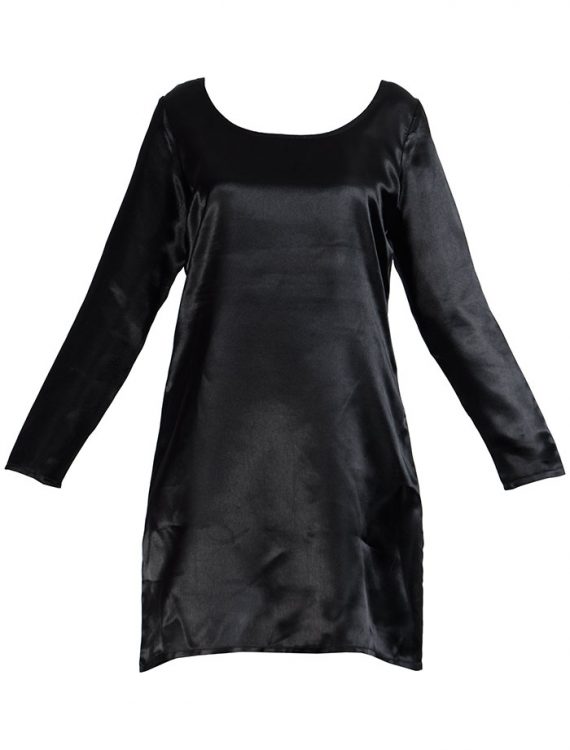 Long Sleeve Satin Under Dress Slip Top Long Length Black