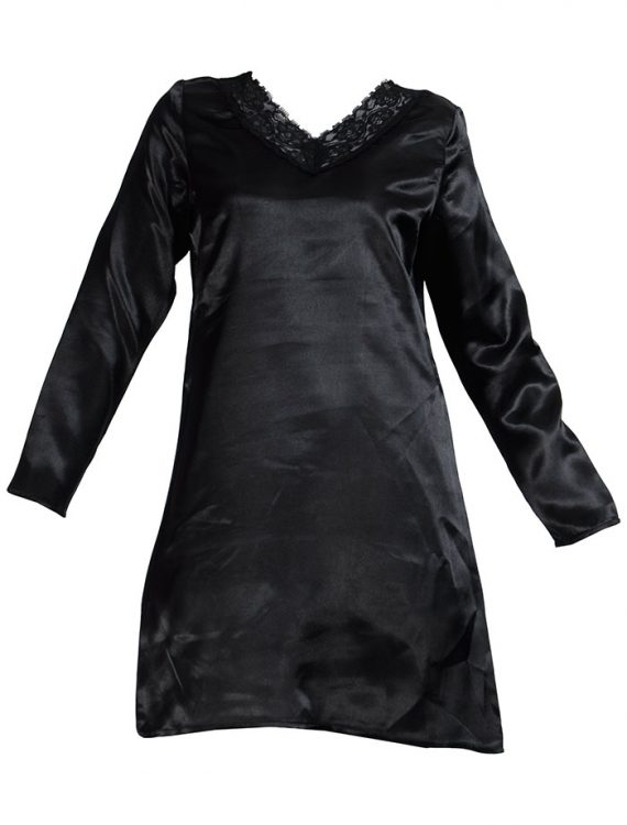 Lace Long Sleeve Satin Under Dress Slip Top Long Length Black