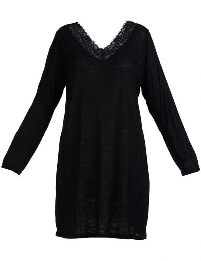 Lace Long Sleeve Viscose Knit Under Dress Slip Top Long Length Black