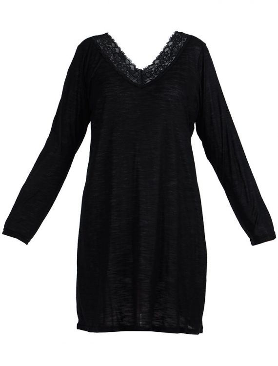 Lace Long Sleeve Viscose Knit Under Dress Slip Top Long Length Black ...