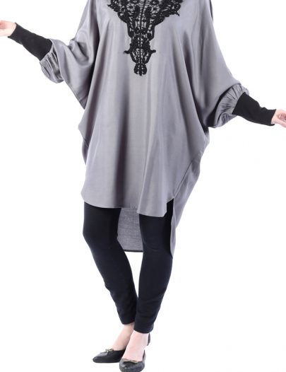 Rayon Tunic With Lace Embroidery On Chest Black