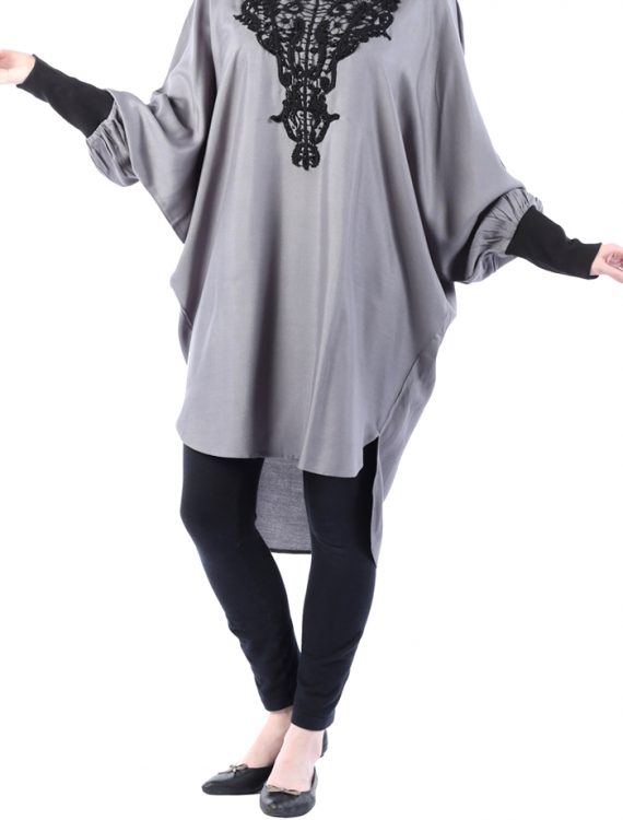 Rayon Tunic With Lace Embroidery On Chest Black