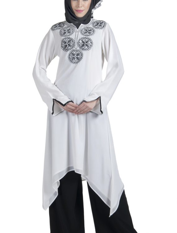 White Crepe Fully Lined Long Tunic With Embroidery White