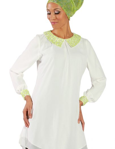Embroidered Collar & Cuff Georgette Tunic Ivory White