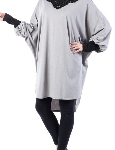 Cotton Tunic With Bat Shaped Sleeves Black