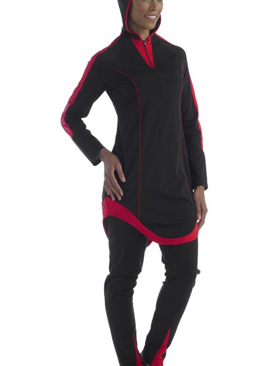 Poly Knit Red And Black Swimwear Hood Attached